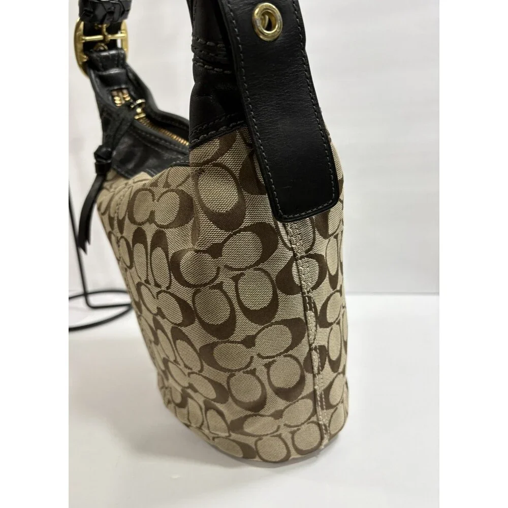 Vintage Coach Black Leather / Khaki Signature Shoulder Bucket Bag Crossbody_8